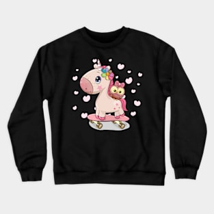 Cute pink little unicorn and owl on a skateboard Crewneck Sweatshirt